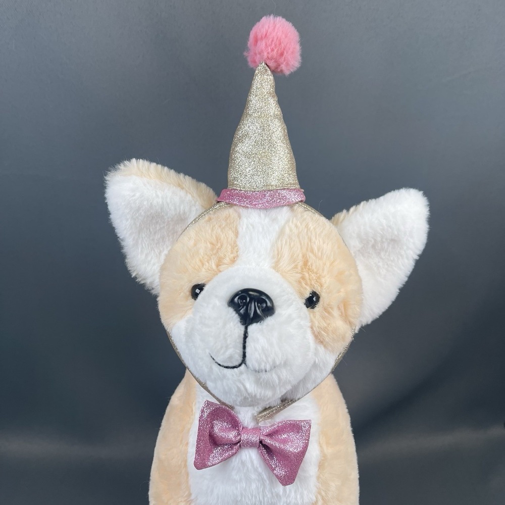 FAO Schwarz‎ Corgi Dog With Party Hat & Bowtie Gold Pink Plush 11" Standing